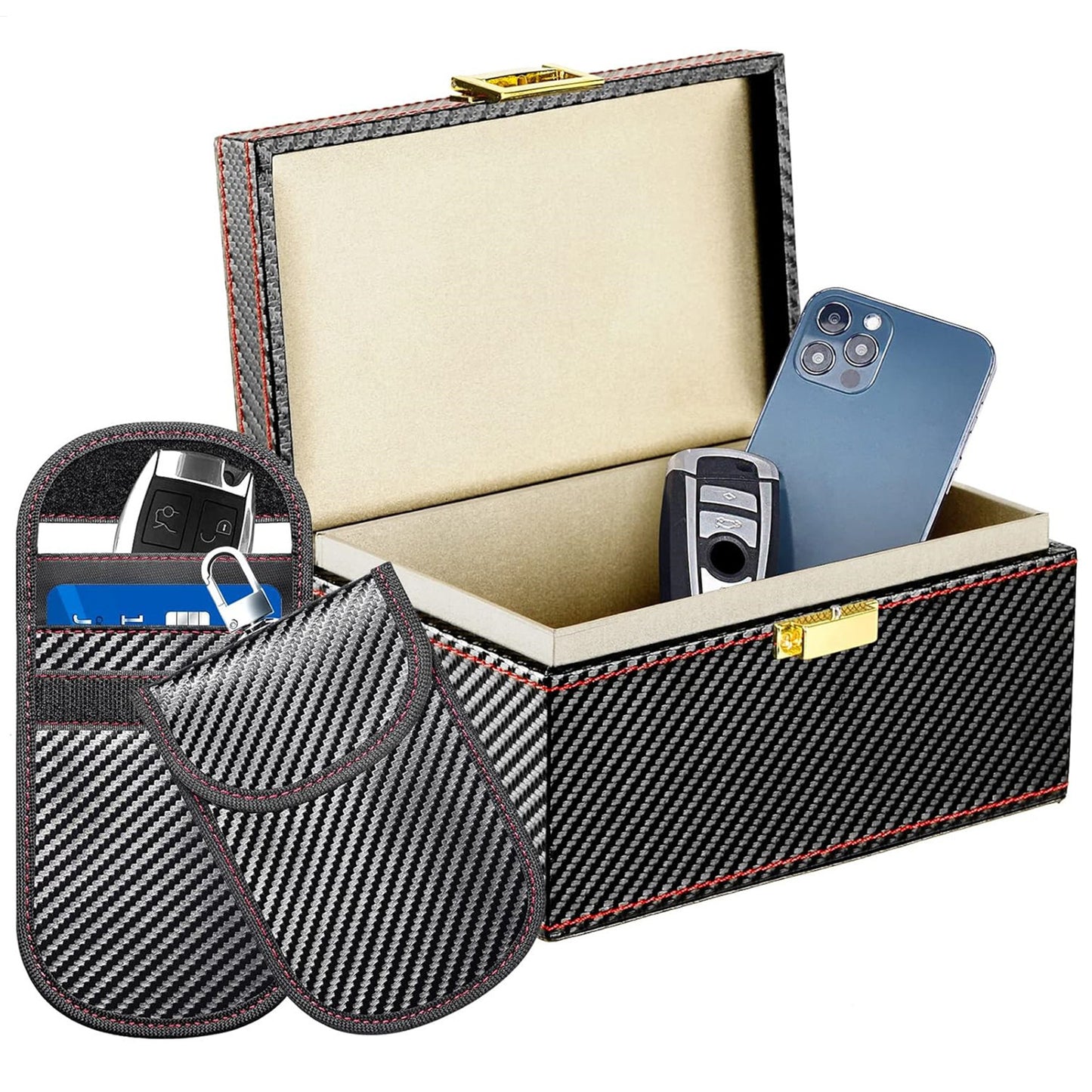 Signal Blocking RFID Anti-Theft Carbon Fiber Faraday Box and Travel Pouch Set
